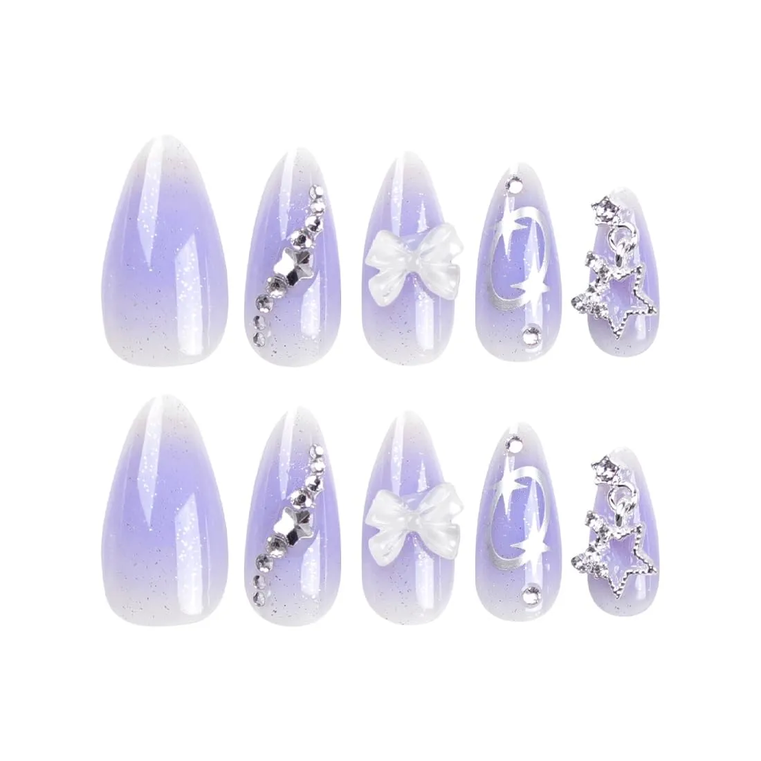 Almond Press on Nails Ombre Purple Short Medium fake on Nails with 3D Star Bow Rhinestone Designs Acrylic Manicure Fake Nails for Women Wedding Full Cover False Stick on Nails 24 Pcs