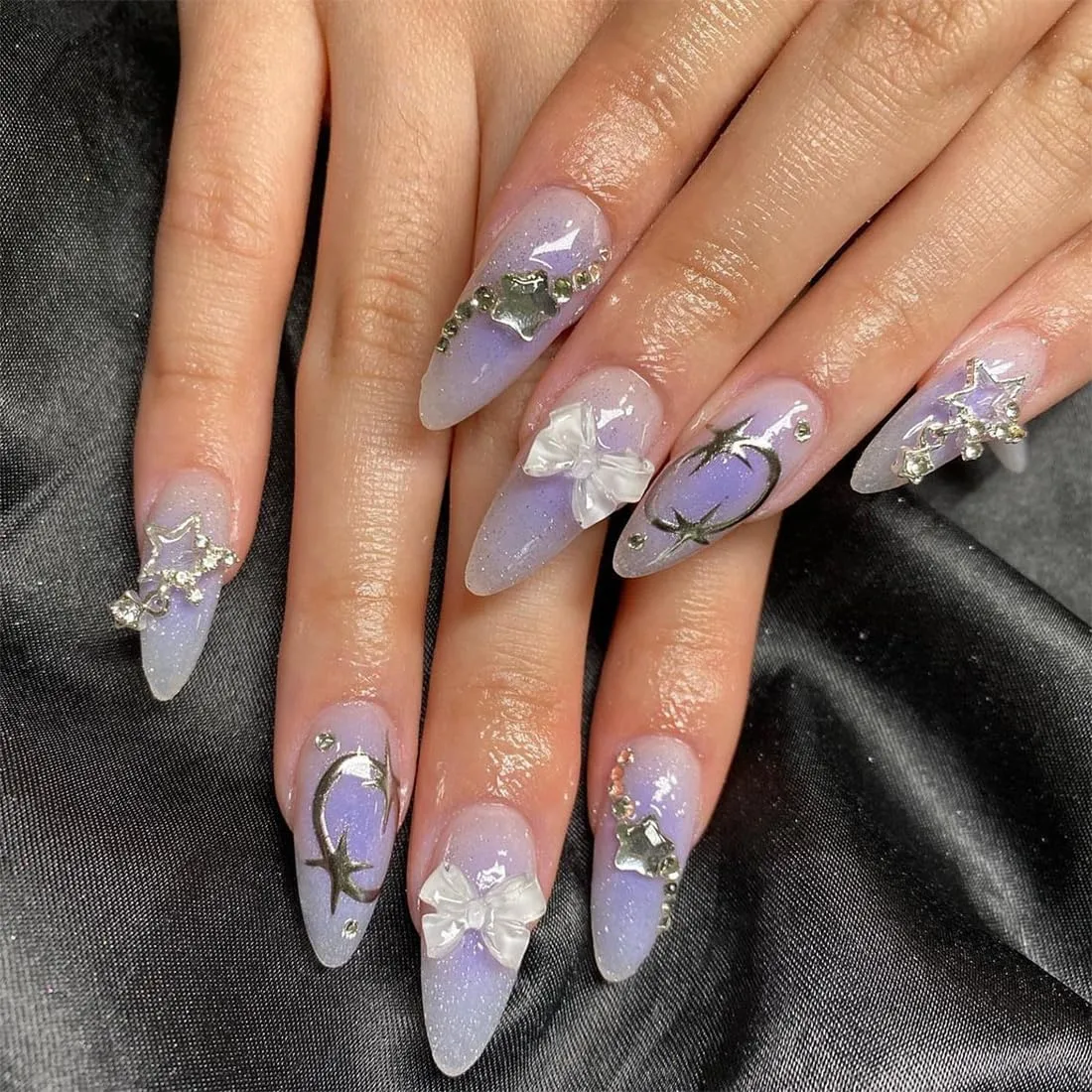Almond Press on Nails Ombre Purple Short Medium fake on Nails with 3D Star Bow Rhinestone Designs Acrylic Manicure Fake Nails for Women Wedding Full Cover False Stick on Nails 24 Pcs