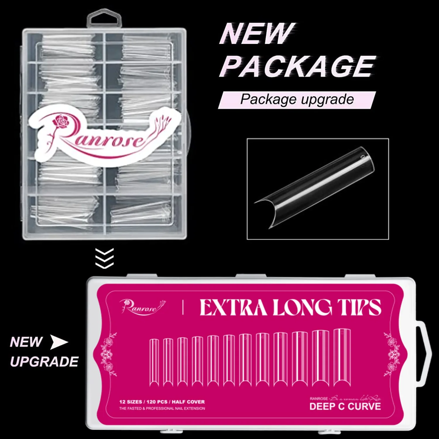 Ranrose 120PCS Extra Long Nail Tips,XXL Super Long Half Cover Deep C Curve False Nails 12 Sizes Tapered Square Press on Nails with Box