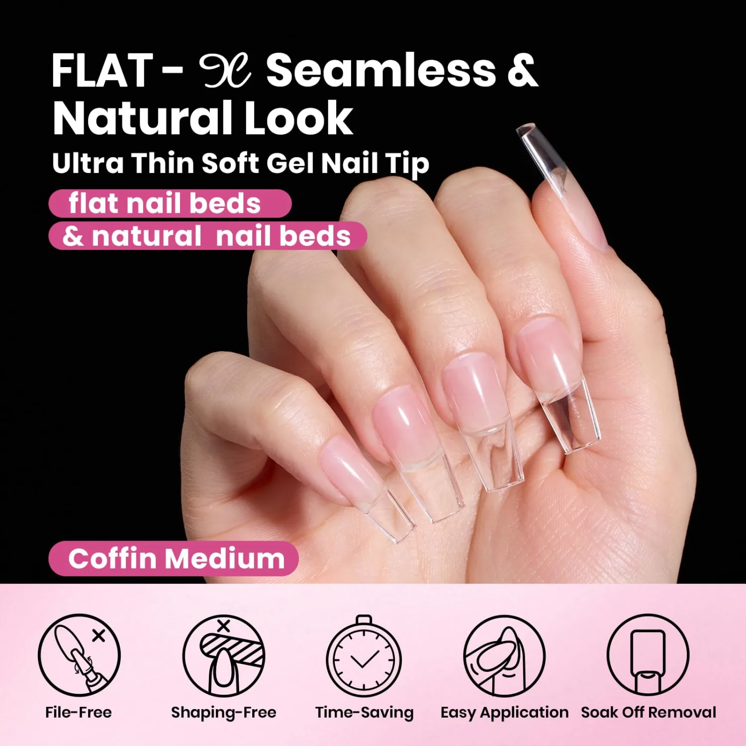 Beetles Gel Nail Tips Flat-X - Coffin Medium, 160pcs 16 Sizes, Pre-Etched Half Matte Full Cover Soft Acrylic False Nail Tips Clear Press on Easy DIY Nail Extension Salon for Flat & Natural Nail Beds