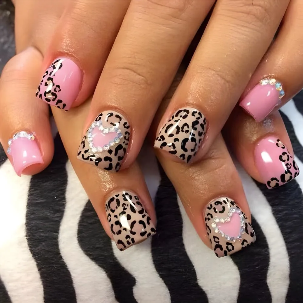 Press on Nails Short Square - Pink Fake Nails with Leopard Print Design - Heart Rhinestone Full Cover Stick on Winter False Nails for Women 24 Pcs