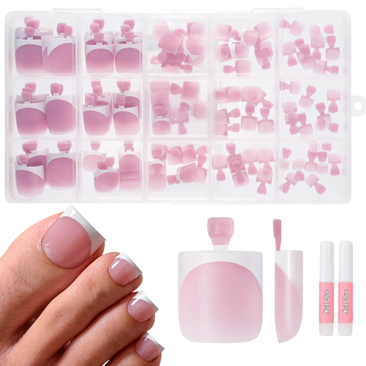 Toe Nail Press On with 2 Nail Glue, 150pcs Square French 15 Sizes Thick Soft False Toenail Extension, Pink Full Cover Acrylic for Women Nail Art DIY