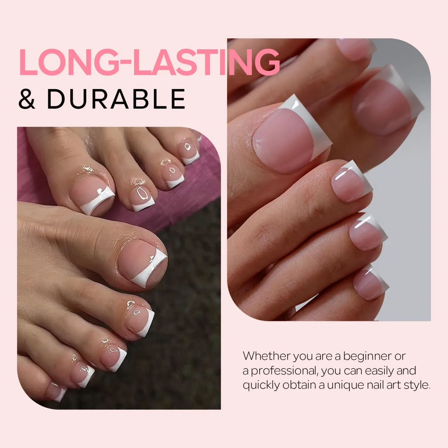 Toe Nail Press On with 2 Nail Glue, 150pcs Square French 15 Sizes Thick Soft False Toenail Extension, Pink Full Cover Acrylic for Women Nail Art DIY