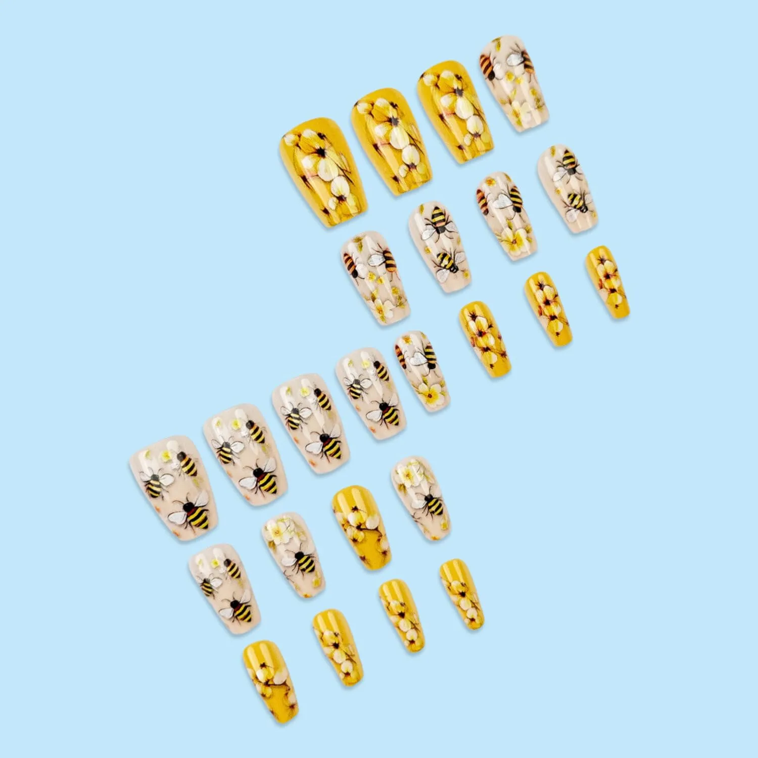 Flower Press on Nails Medium Coffin Fake Nails Yellow False Nails with Cute Bees Designs Floral Glossy Stick on Nails Full Cover Glue on Nails Spring Acrylic Nails for Women Girls 24 Pcs