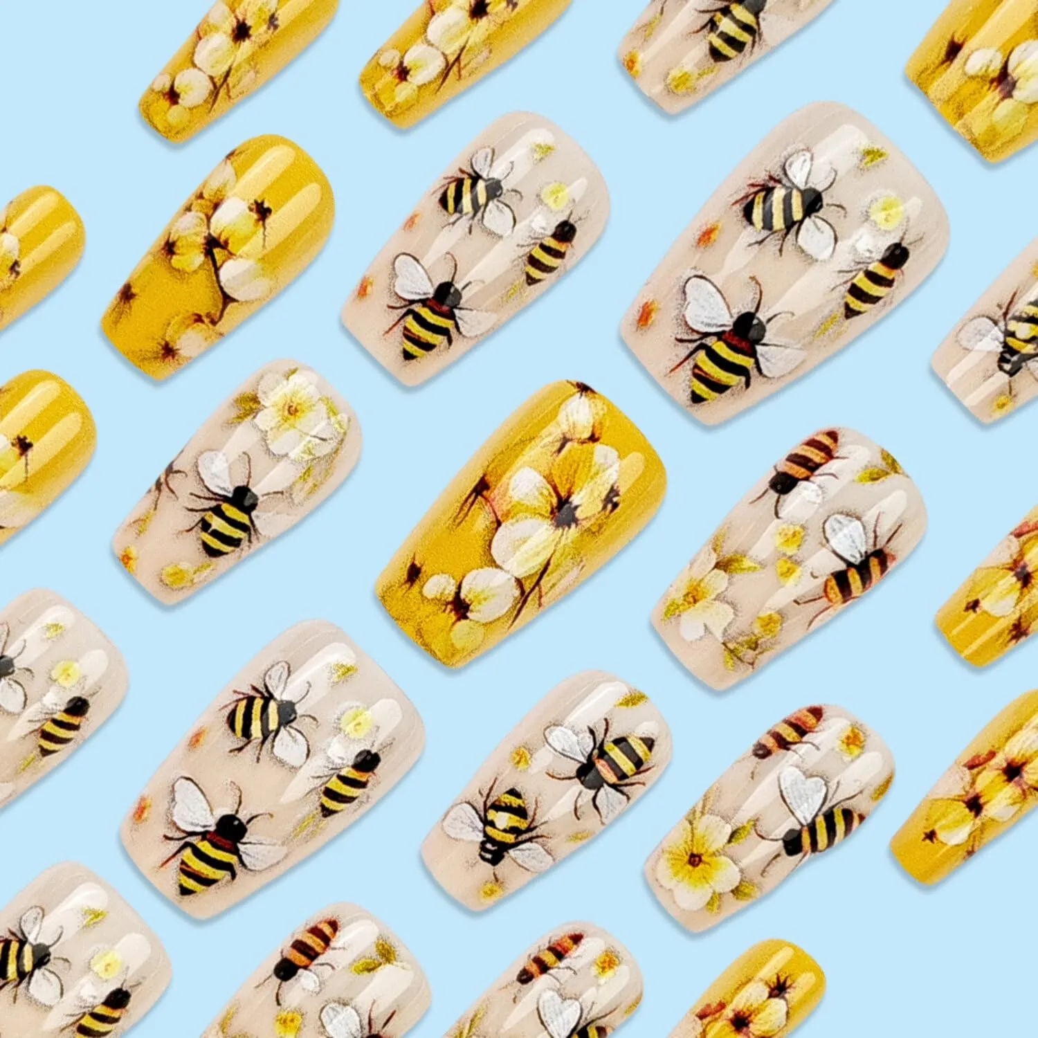 Flower Press on Nails Medium Coffin Fake Nails Yellow False Nails with Cute Bees Designs Floral Glossy Stick on Nails Full Cover Glue on Nails Spring Acrylic Nails for Women Girls 24 Pcs