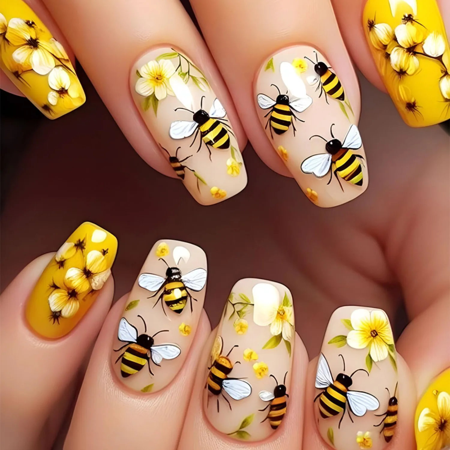 Flower Press on Nails Medium Coffin Fake Nails Yellow False Nails with Cute Bees Designs Floral Glossy Stick on Nails Full Cover Glue on Nails Spring Acrylic Nails for Women Girls 24 Pcs