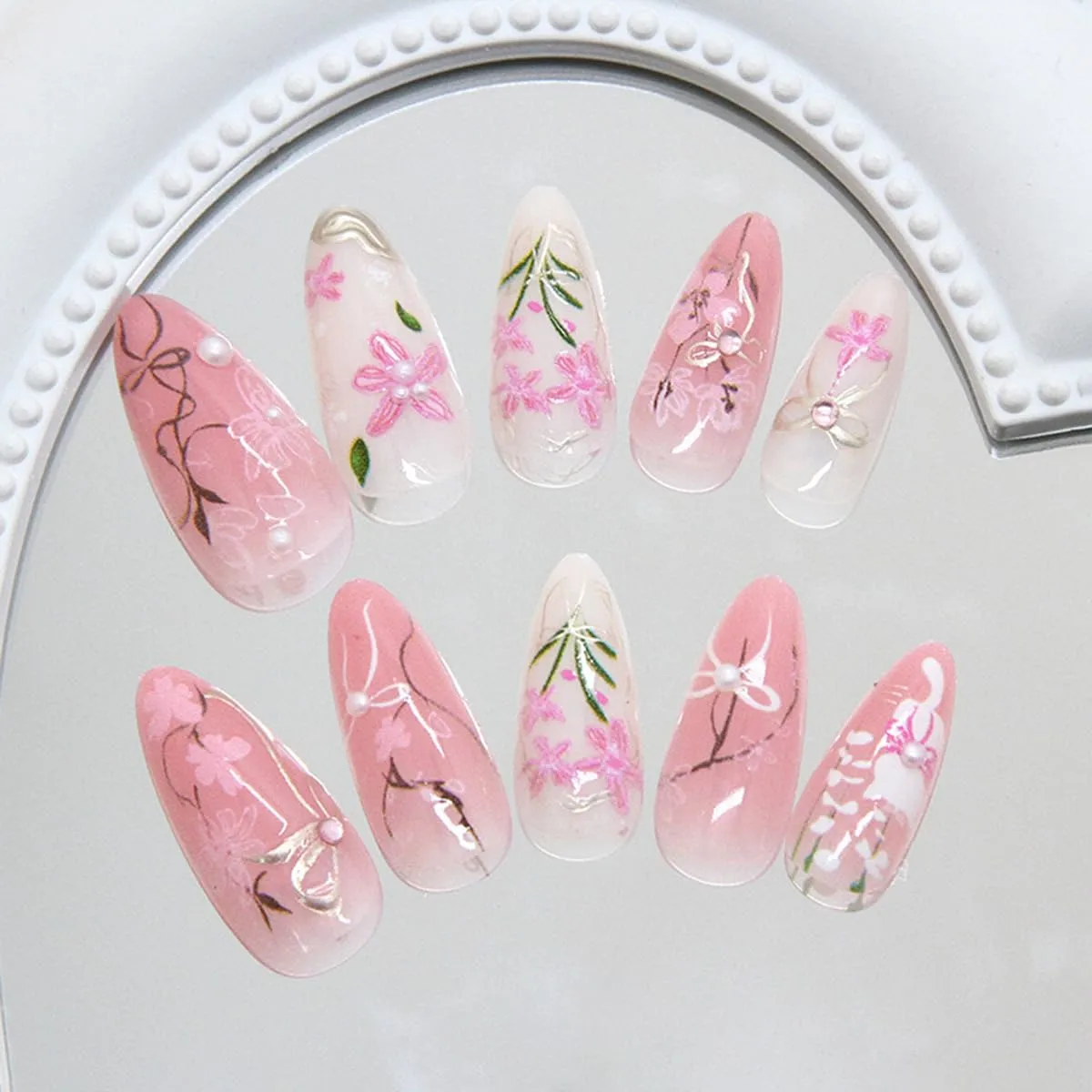 Pink Flower Press on Nails Medium Almond Fake Nails with Gilding Design Peach Blossom Acrylic Nails 3D Handmade Bow False Nail Cute Cat Stick on Nail Pink Full Cover Glue on Nail for Women 30Pcs