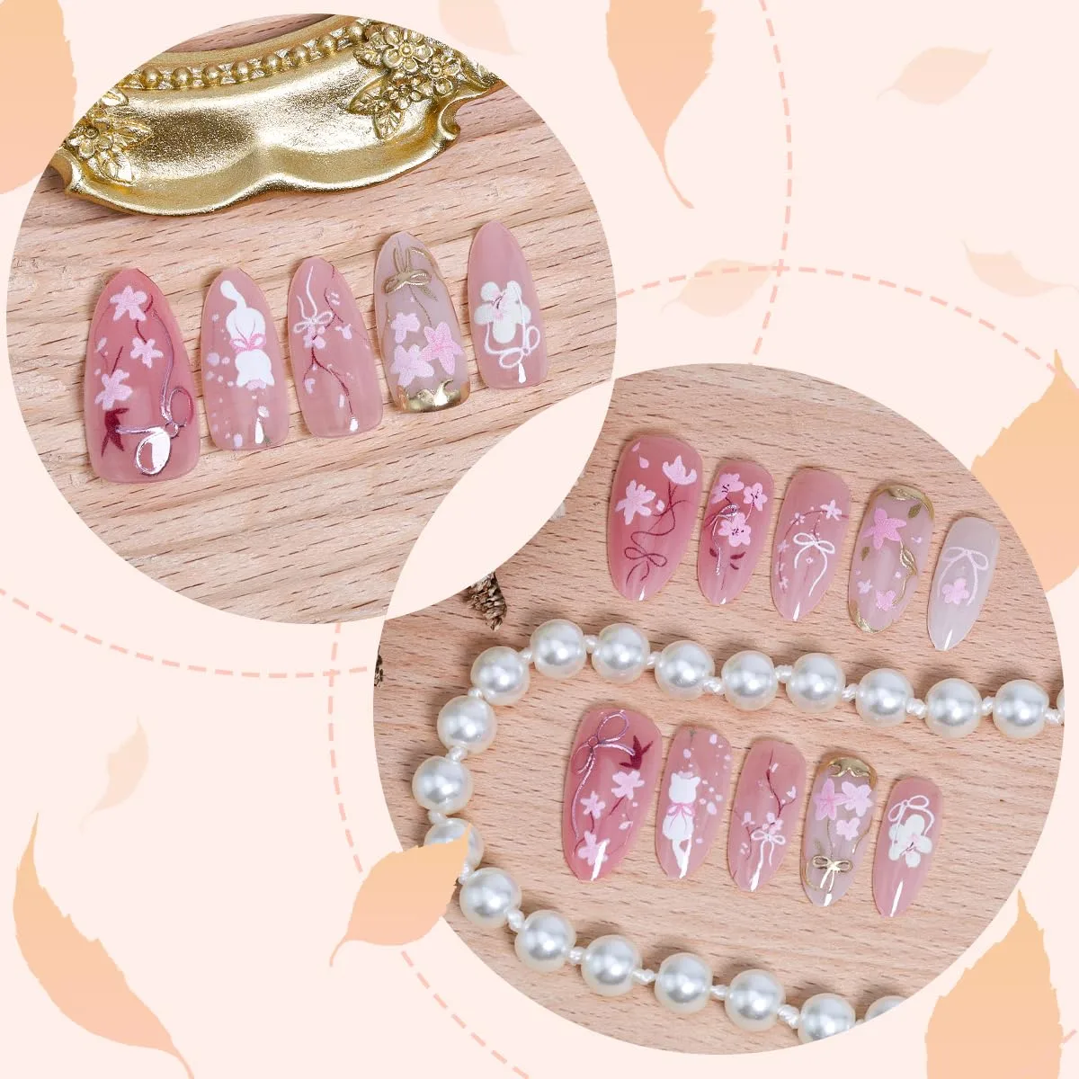 Pink Flower Press on Nails Medium Almond Fake Nails with Gilding Design Peach Blossom Acrylic Nails 3D Handmade Bow False Nail Cute Cat Stick on Nail Pink Full Cover Glue on Nail for Women 30Pcs