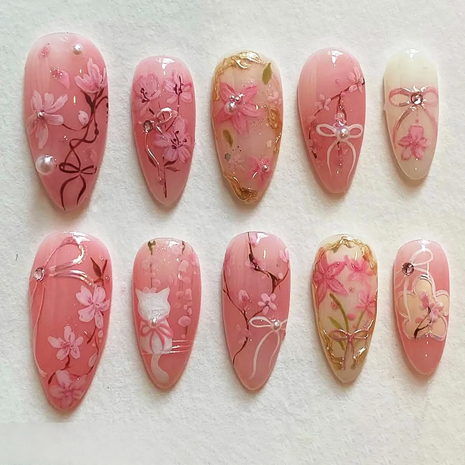 Pink Flower Press on Nails Medium Almond Fake Nails with Gilding Design Peach Blossom Acrylic Nails 3D Handmade Bow False Nail Cute Cat Stick on Nail Pink Full Cover Glue on Nail for Women 30Pcs