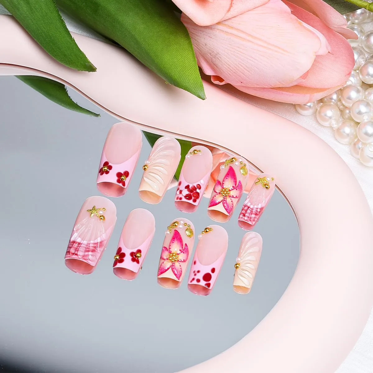24Pcs Pink Flower Press on Nails Medium Square Fake Nails 3D Hawaii Carving Floral Glue on Nails Pearl Starfish Shell Rhinestones Design Summer Acrylic Nails Artificial Flower French Tip False Nails