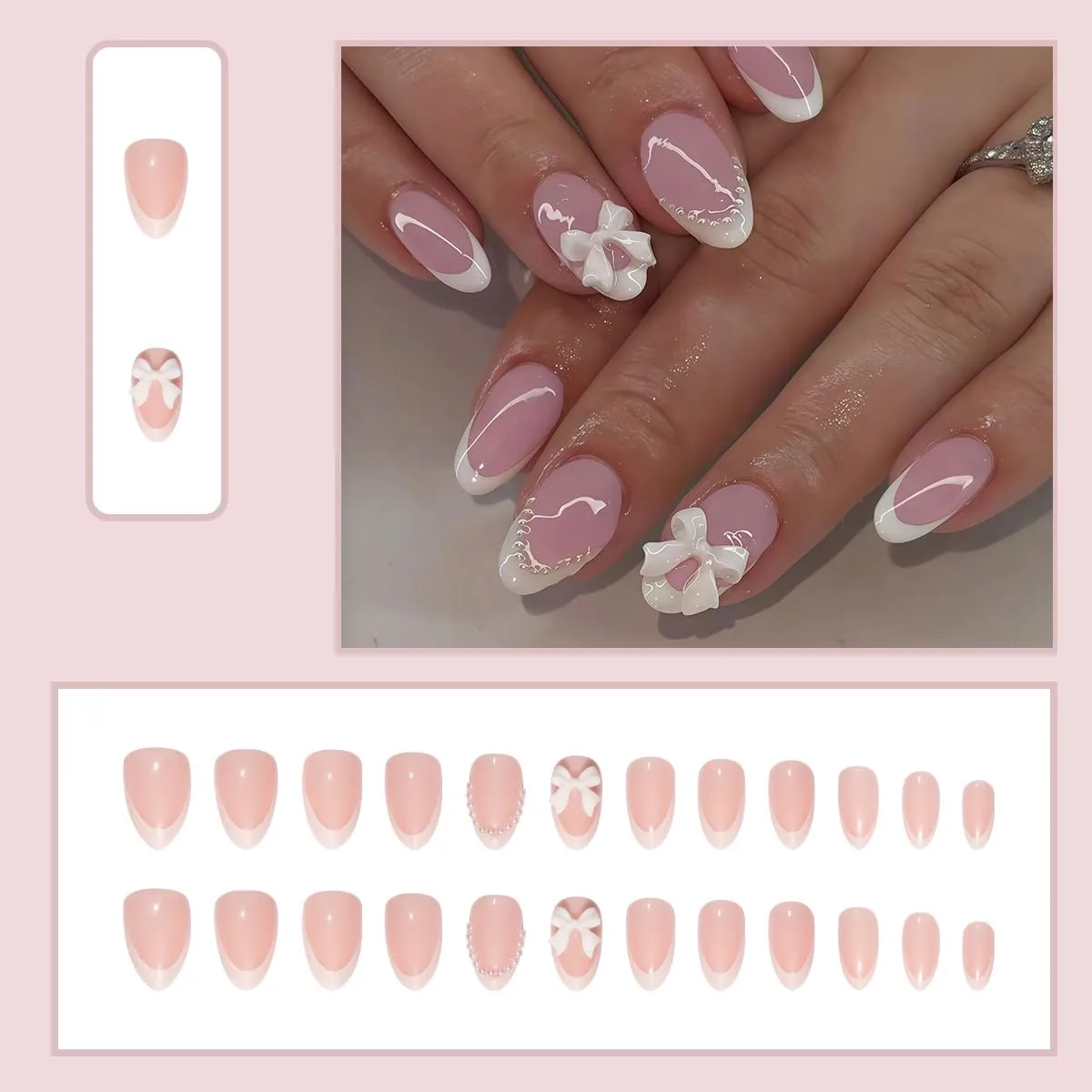 24Pcs French Tip Press On Nails Short Almond Bow Fake Nails with Pearl Designs White French Tip False Nails Reusable Artificial Nails Reusable Bow Acrylic Nails Full Cover French False Nails for Women