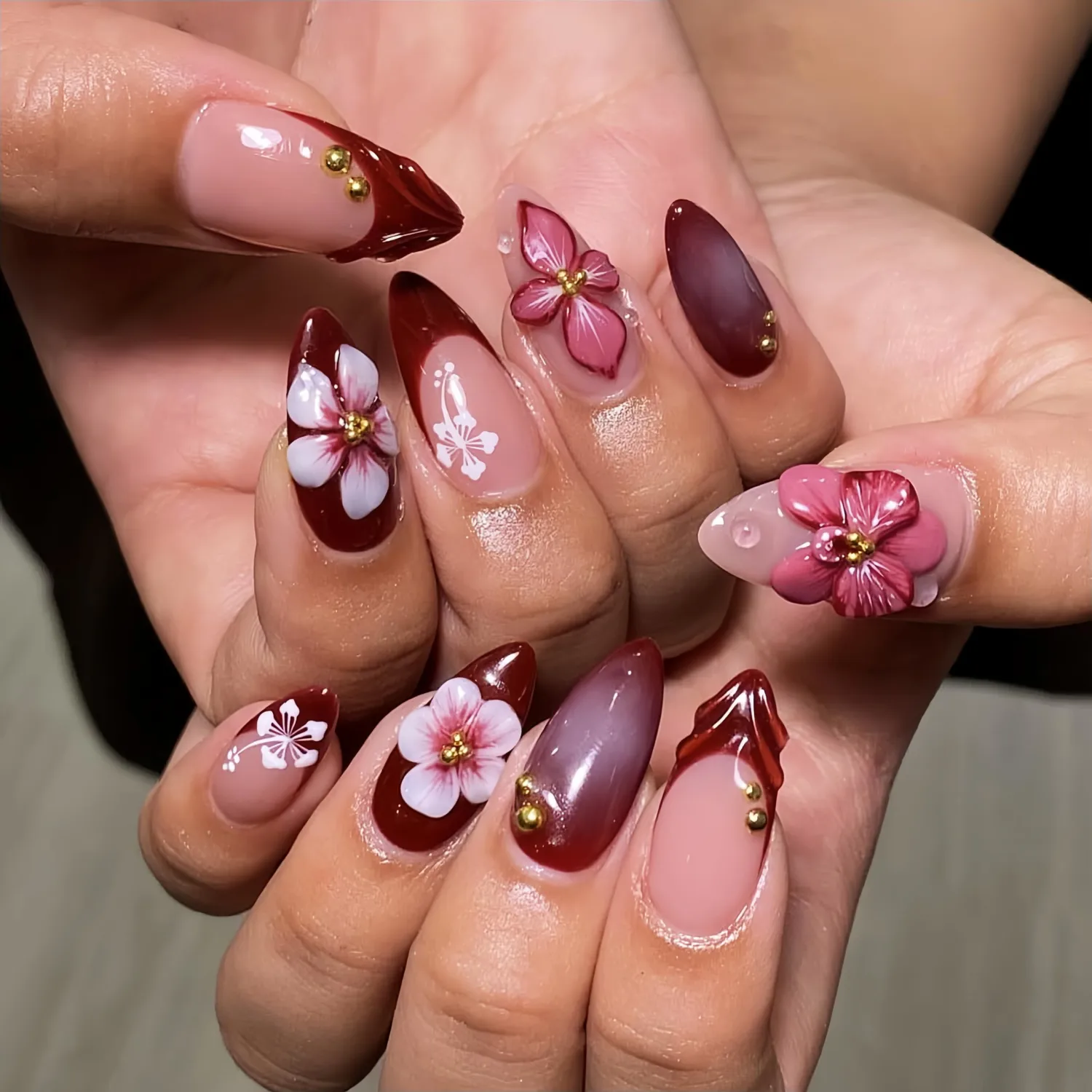 24Pcs 3D Floral Press on Nails Medium Almond Shape Fake Nails with Red Gradient Cherry Blossom Reusable Salon-Quality False Nails Wine Red Nude Full Cover Acrylic Nail Tips Stick on Nails for Women