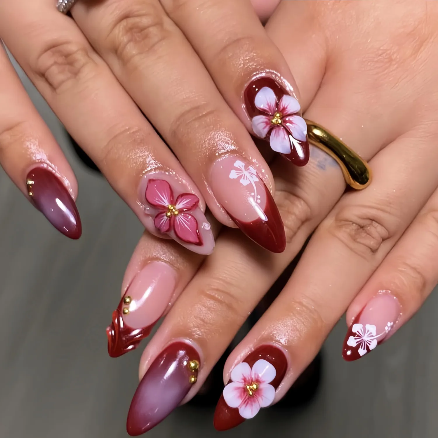 24Pcs 3D Floral Press on Nails Medium Almond Shape Fake Nails with Red Gradient Cherry Blossom Reusable Salon-Quality False Nails Wine Red Nude Full Cover Acrylic Nail Tips Stick on Nails for Women