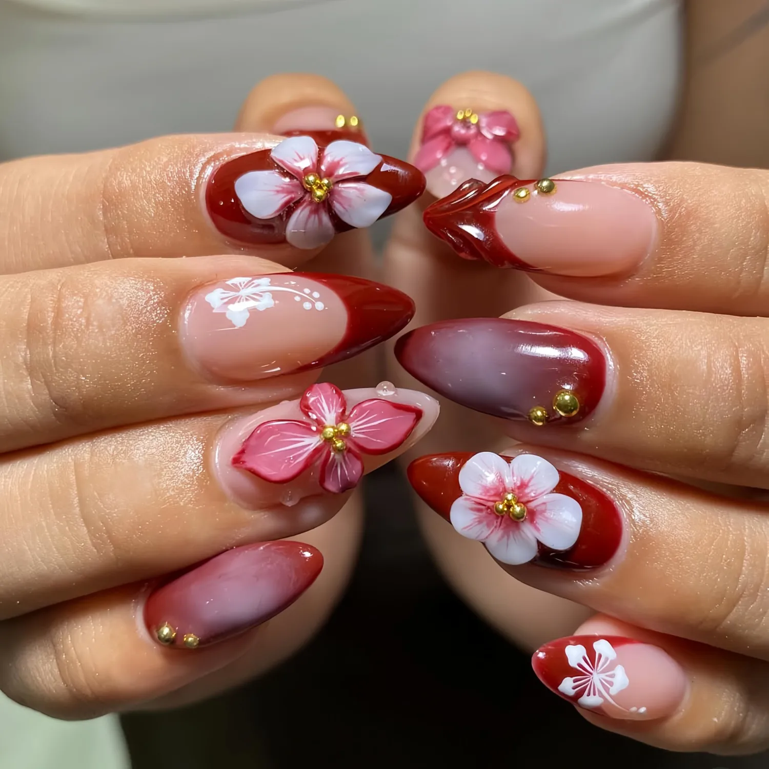 24Pcs 3D Floral Press on Nails Medium Almond Shape Fake Nails with Red Gradient Cherry Blossom Reusable Salon-Quality False Nails Wine Red Nude Full Cover Acrylic Nail Tips Stick on Nails for Women