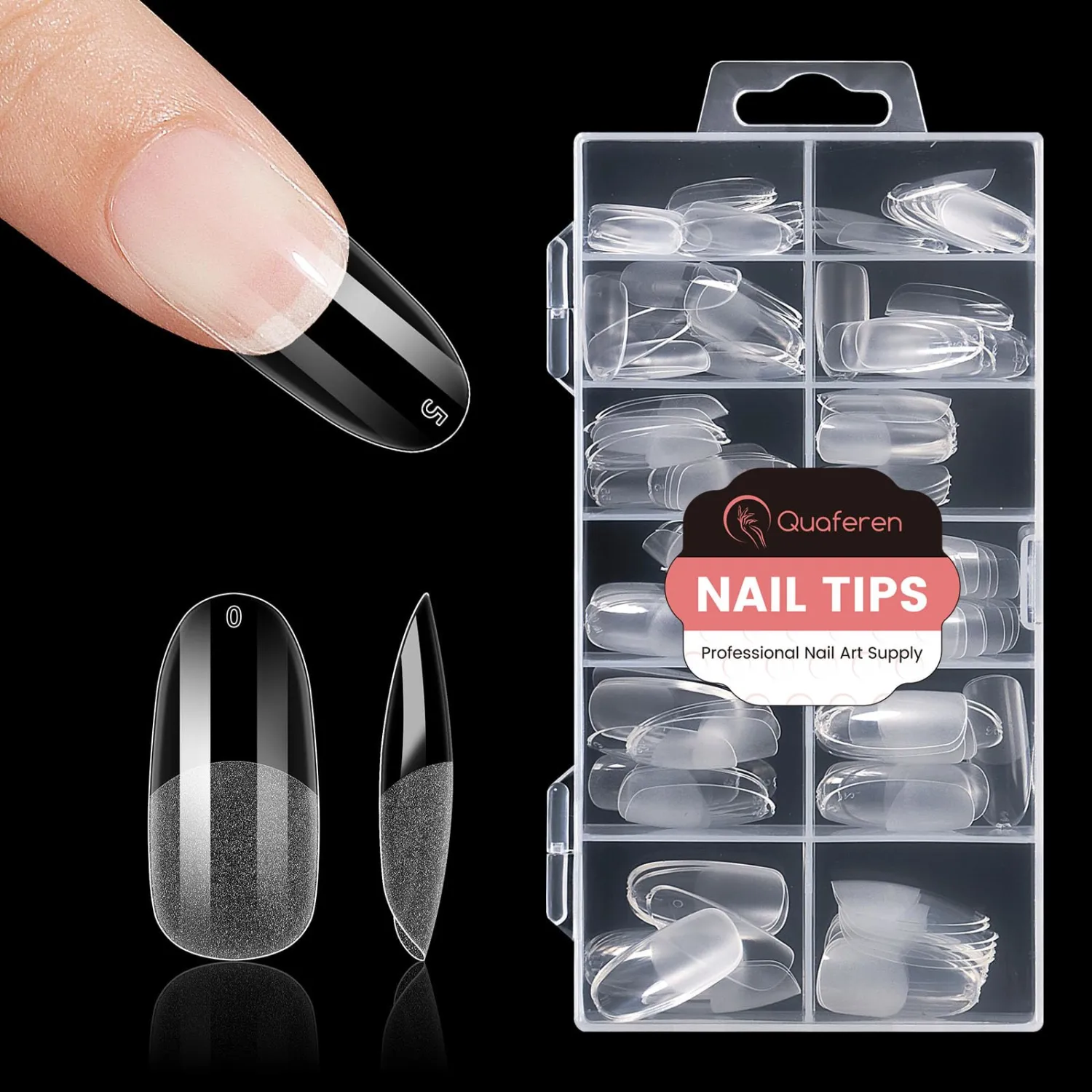 Quaferen Oval Nail Tips Medium: 240pcs Pre-shape Acrylic Fake Round Nail Tips - 12 Sizes Soft Gel Full Cover Clear Gelly Press on False Tip for Nail Extension Salon Home