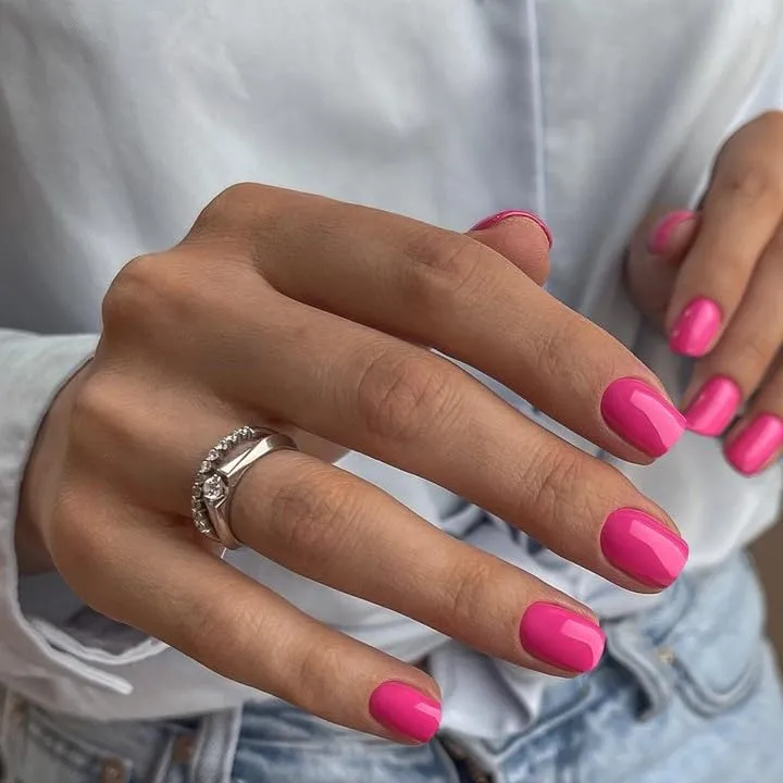 Hot Pink Press on Nails Short Square Fake Nails Glue on Short Square Nails Press ons, Soft Gel Acrylic Glue on Nail Stick on for Women Thick Reusable Solid Color 24pcs