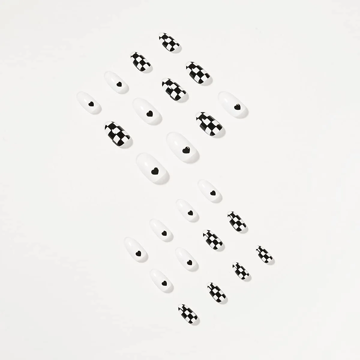 MISUD Press on Nails - Short Oval Glue on Nails with Black White, Acrylic Checkered Design 24 pcs