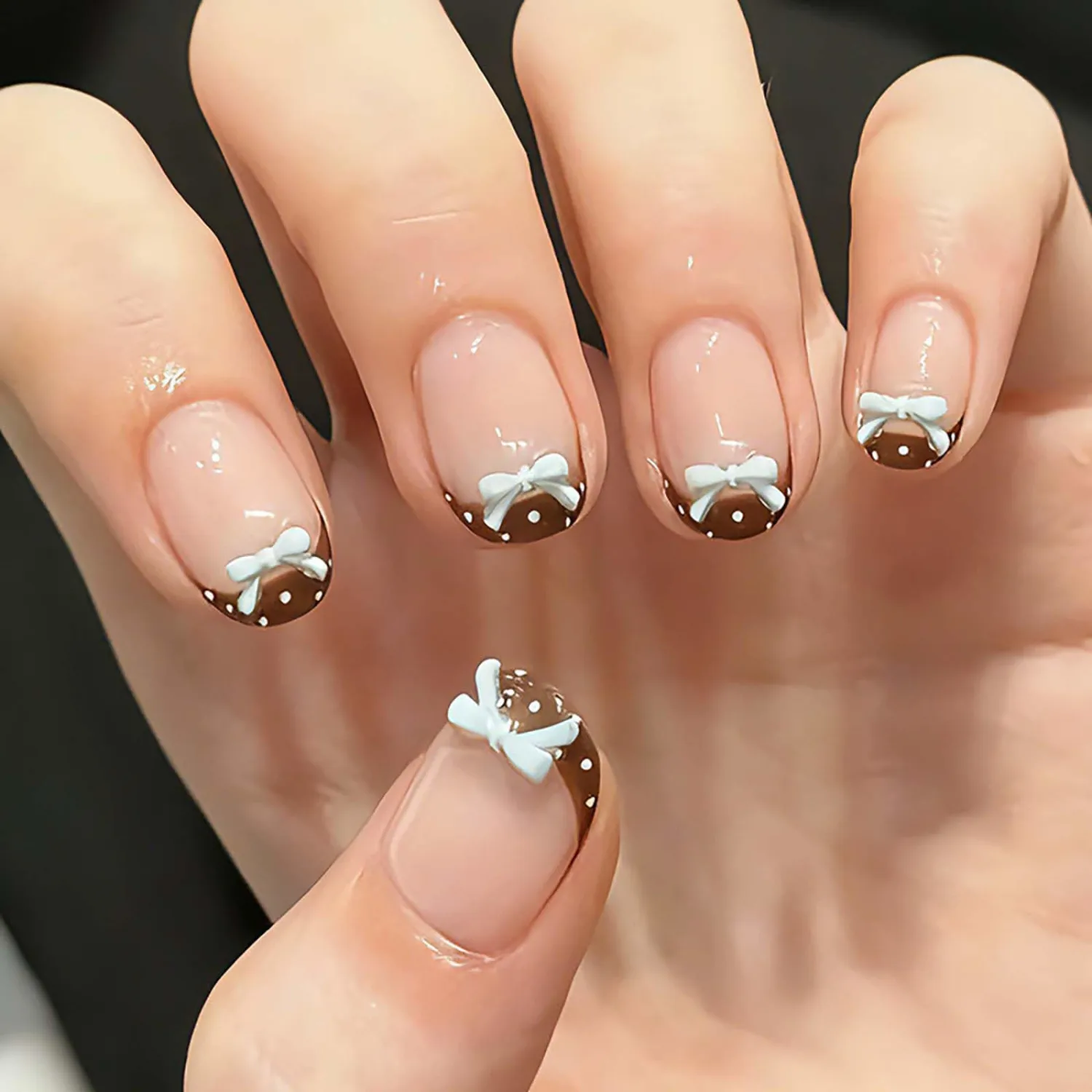 24Pcs French Tip Press on Nails Short Almond Polka Dots Fake Nails 3D Bow False Nails Spring Summer Brown Glossy Acrylic Nail Red Polka Dots Nail Decoration for Women Manicure