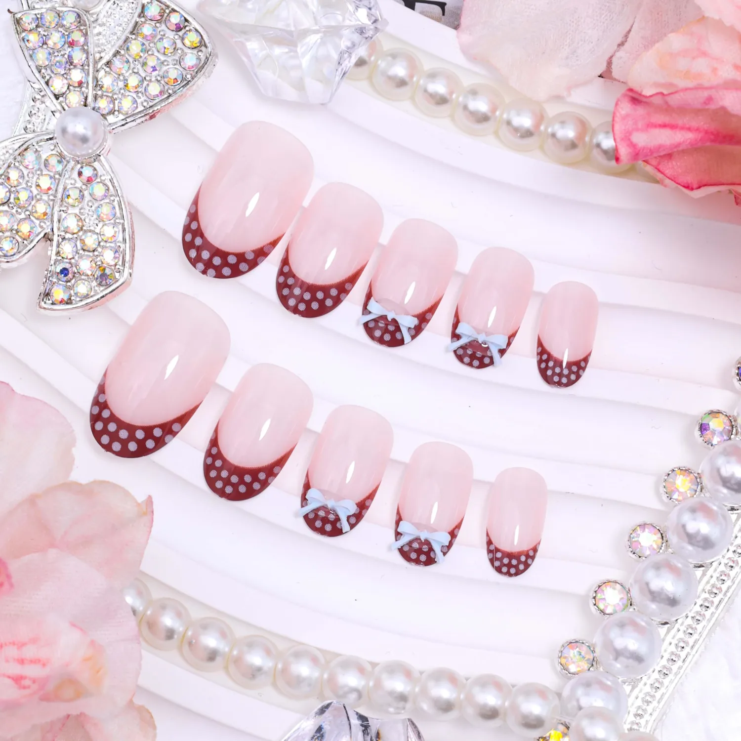 24Pcs French Tip Press on Nails Short Almond Polka Dots Fake Nails 3D Bow False Nails Spring Summer Brown Glossy Acrylic Nail Red Polka Dots Nail Decoration for Women Manicure
