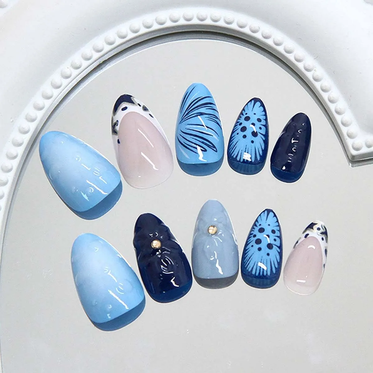 24Pcs French Tip Press on Nails Medium Almond Stars Flower Fake Nails with Water Droplets Lines Design False Nails Reusable Glossy Acrylic Nail for Women Summer Nail Decoration Accessories