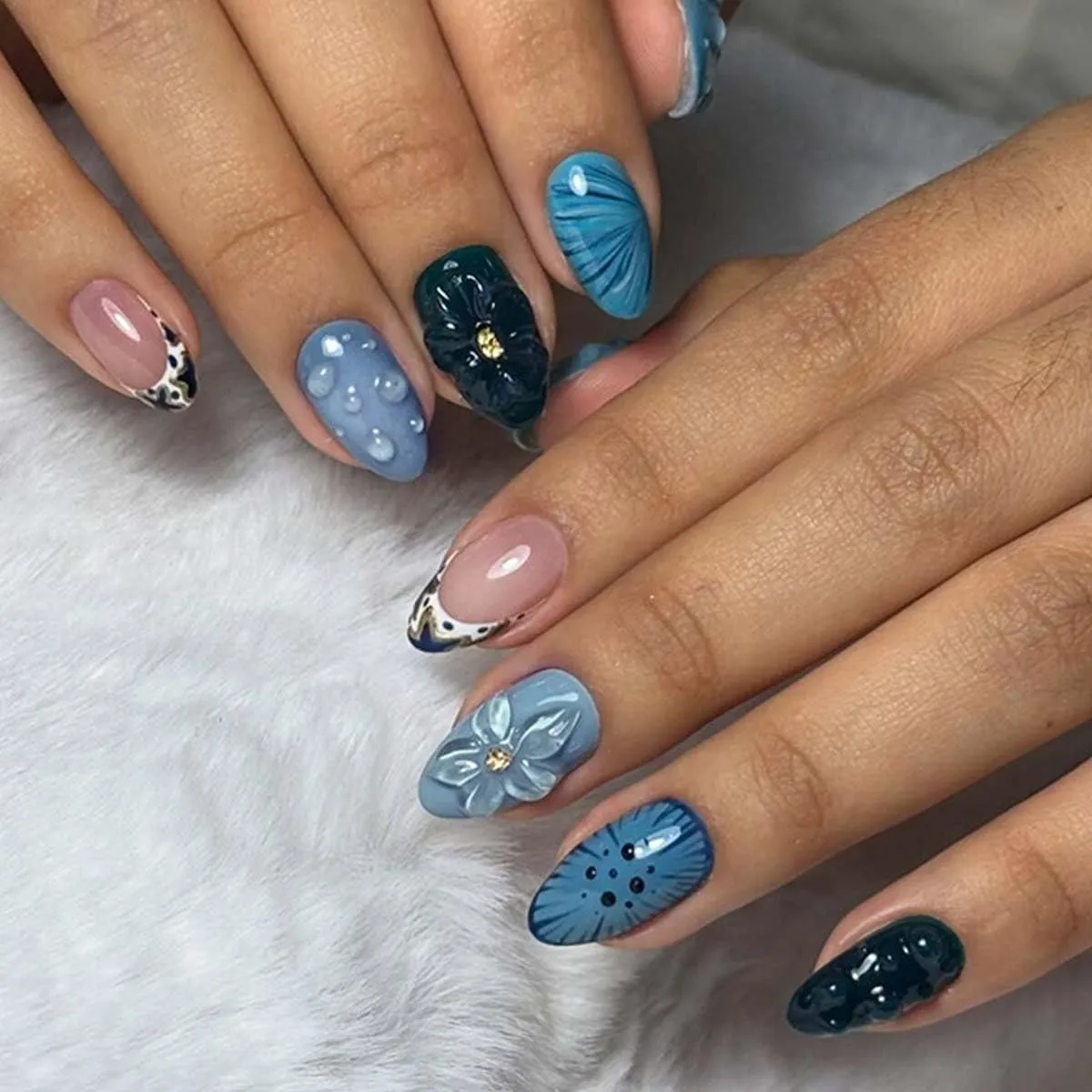 24Pcs French Tip Press on Nails Medium Almond Stars Flower Fake Nails with Water Droplets Lines Design False Nails Reusable Glossy Acrylic Nail for Women Summer Nail Decoration Accessories