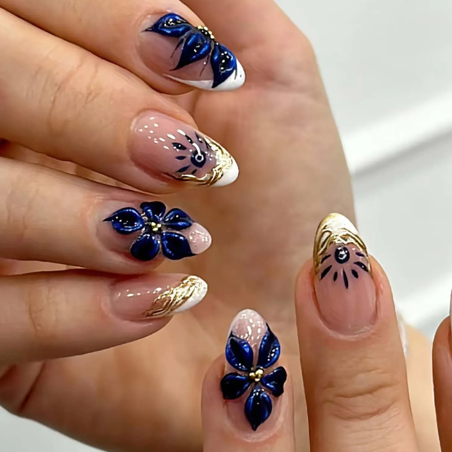 24Pcs French Tip Press on Nails Medium Almond Flower Fake Nails 3D Gold Texture False Nails Reusable Blue Floral Glossy Acrylic Nail for Women Spring Summer Nail Decoration