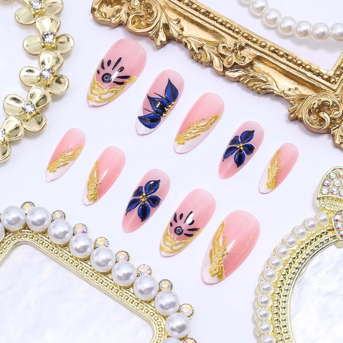 24Pcs French Tip Press on Nails Medium Almond Flower Fake Nails 3D Gold Texture False Nails Reusable Blue Floral Glossy Acrylic Nail for Women Spring Summer Nail Decoration