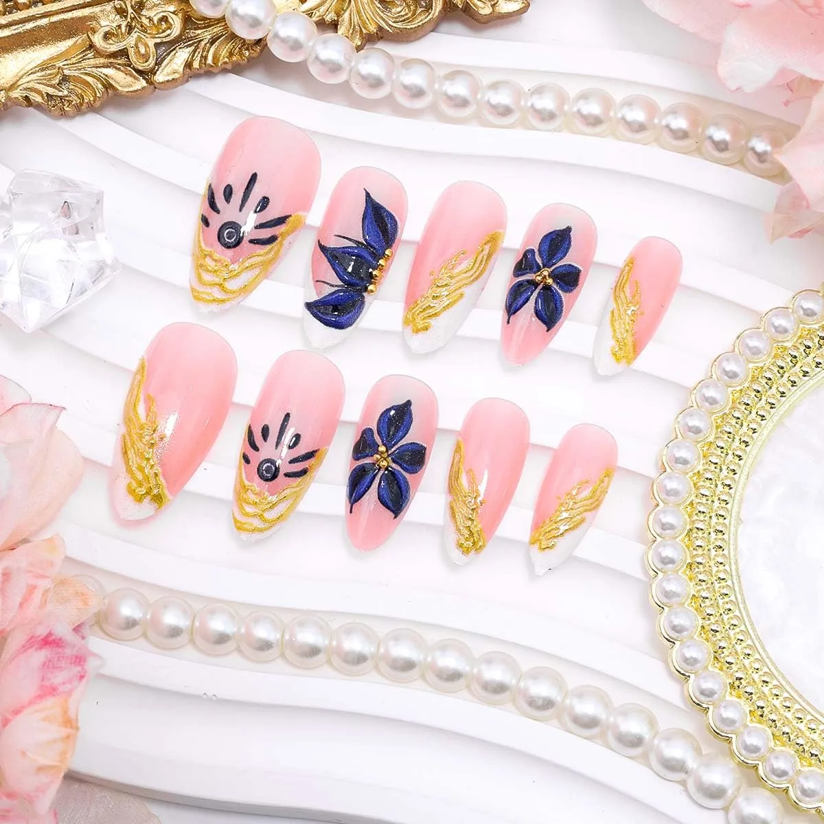 24Pcs French Tip Press on Nails Medium Almond Flower Fake Nails 3D Gold Texture False Nails Reusable Blue Floral Glossy Acrylic Nail for Women Spring Summer Nail Decoration