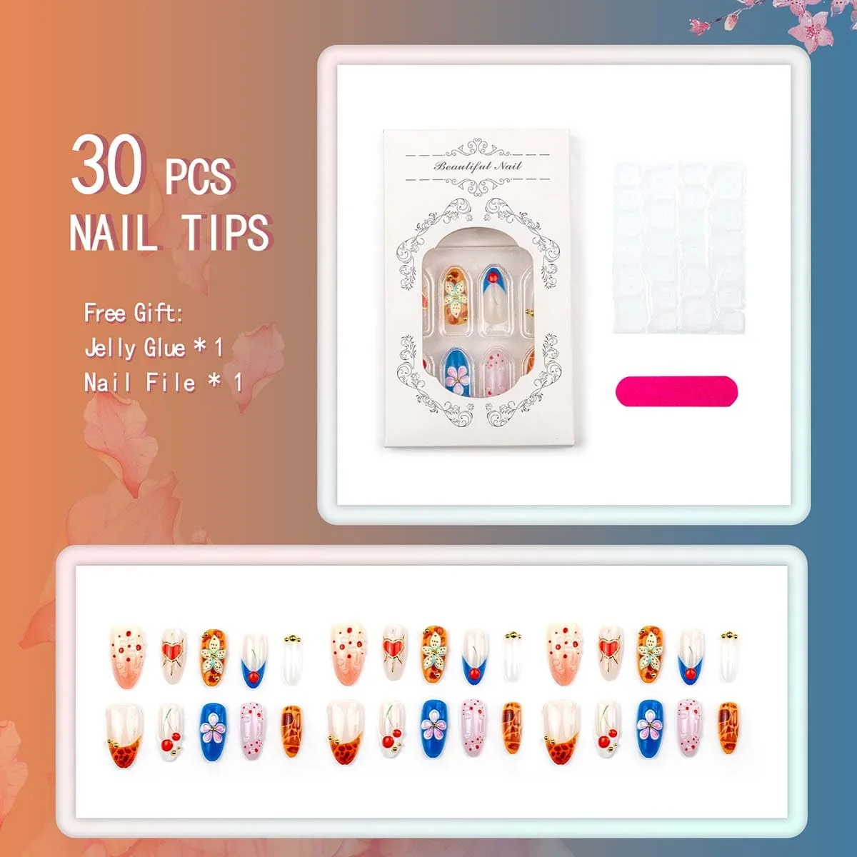 30Pcs French Tip Press on Nails Medium Almond Heart Flower Fake Nails 3D Cherry False Nails with Gold Rhinestones Glossy Acrylic Nail for Women Spring Summer Nail Decoration Accessories
