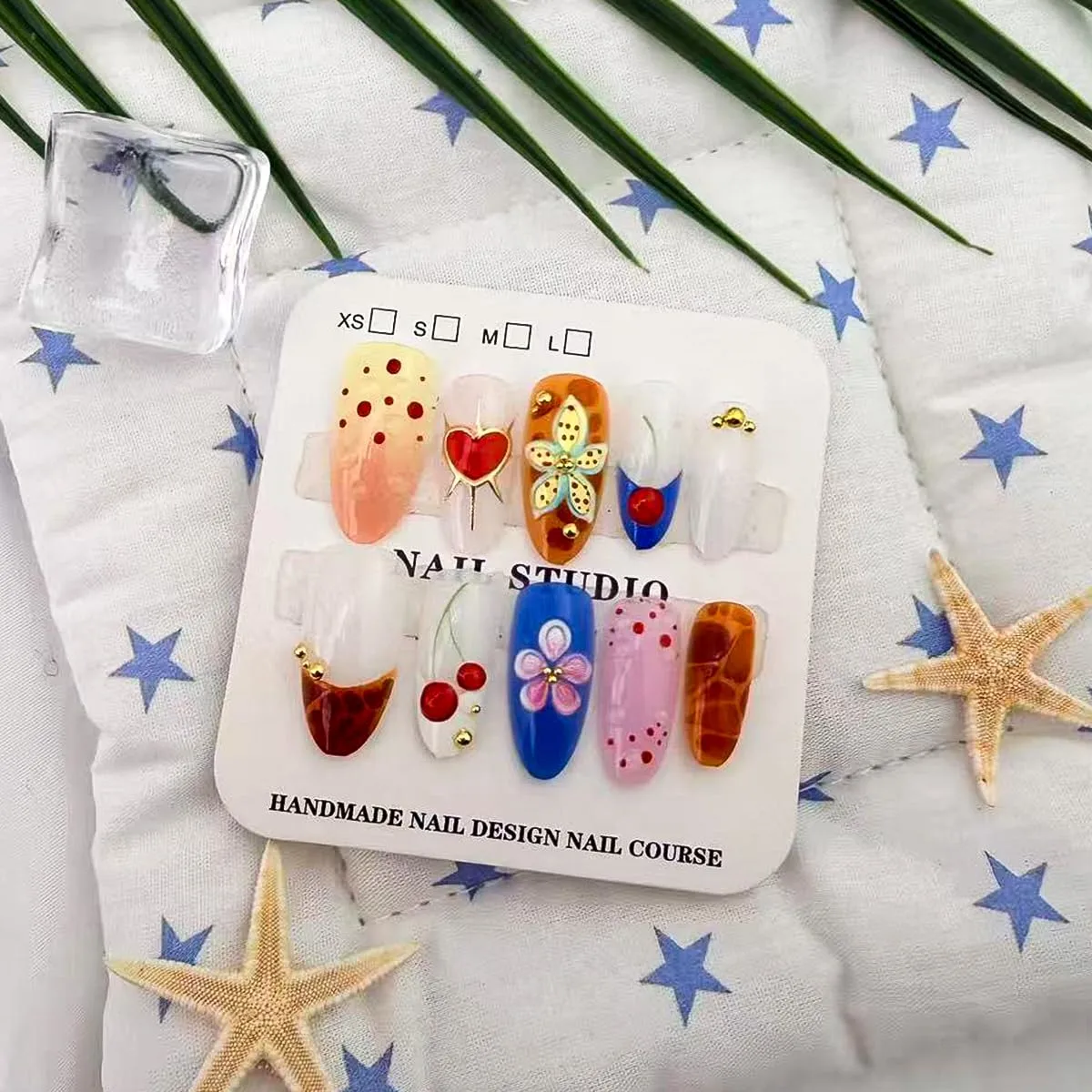 30Pcs French Tip Press on Nails Medium Almond Heart Flower Fake Nails 3D Cherry False Nails with Gold Rhinestones Glossy Acrylic Nail for Women Spring Summer Nail Decoration Accessories