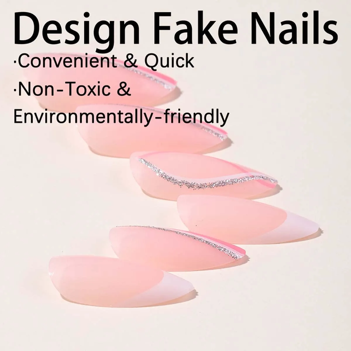 24Pcs French Tip Press on Nails Medium Almond Fake Nails White Silver Curve False Nails Reusable Glossy Glue on Nails ink Acrylic Nail for Women Spring Summer Nail Decoration