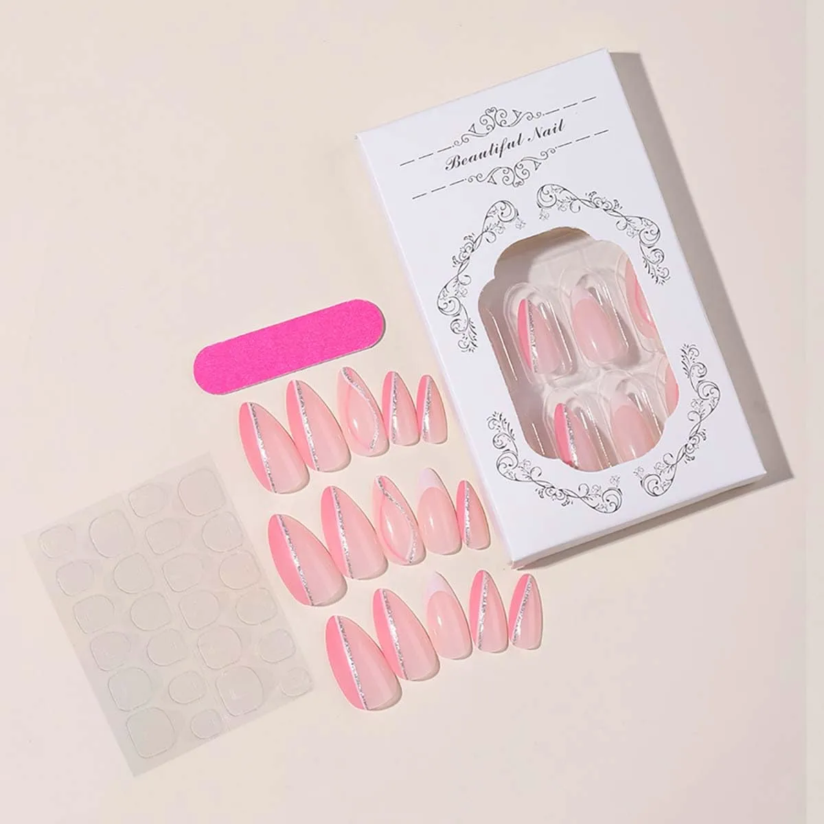 24Pcs French Tip Press on Nails Medium Almond Fake Nails White Silver Curve False Nails Reusable Glossy Glue on Nails ink Acrylic Nail for Women Spring Summer Nail Decoration