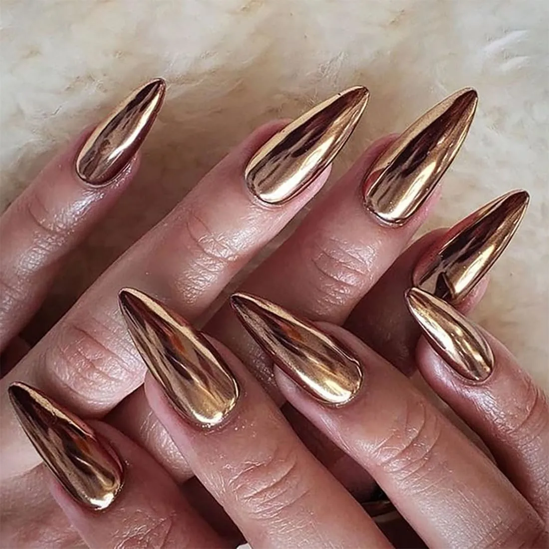 Gold Press on Nails Almond Short Medium Fake Nails with Glossy Chrome Designs Full Cover Manicure Acrylic Fake Nails False Nails for Wedding Fantasy Gel Pressons stick on nail for Women