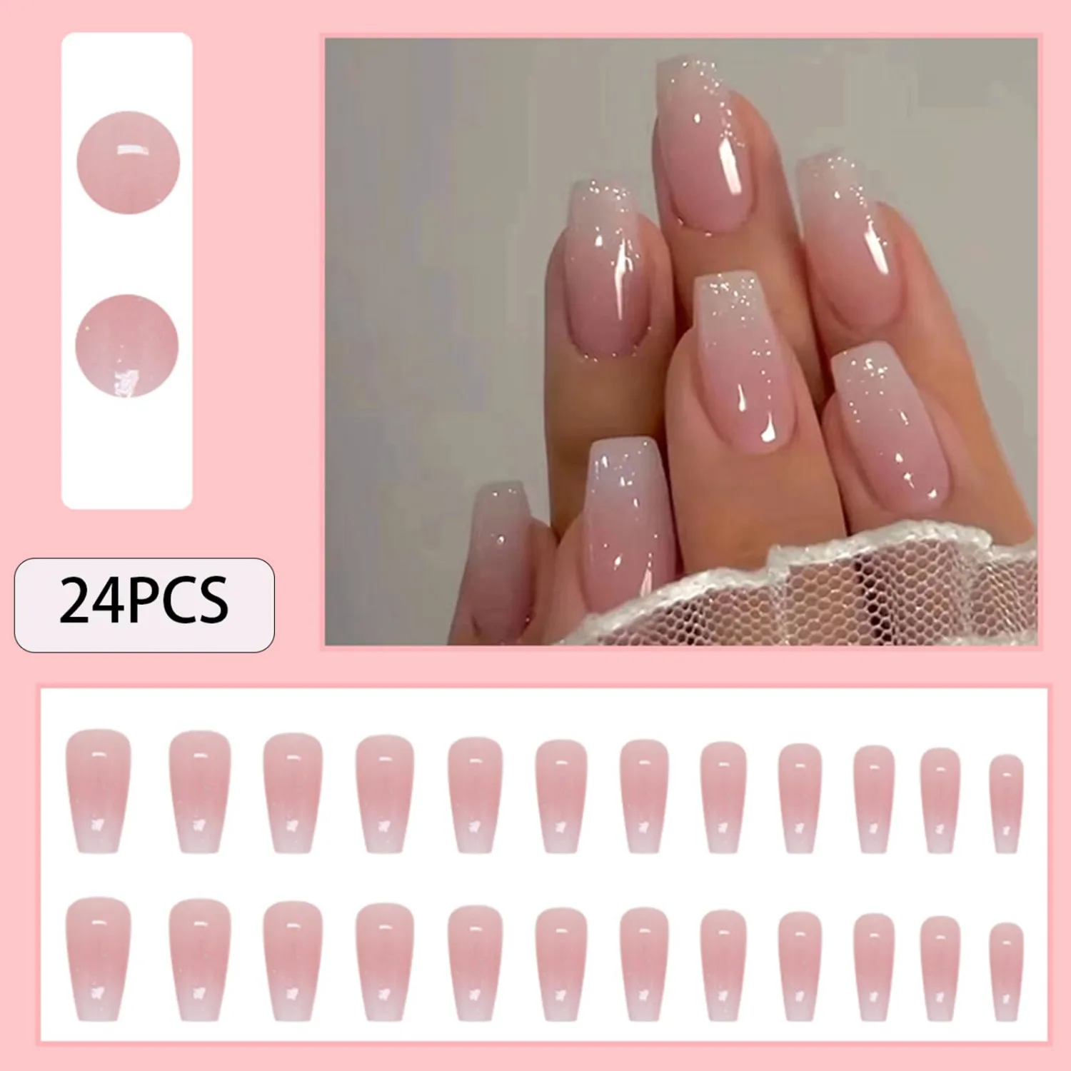 Nails Press ons，Medium Press on Nails Coffin Ombre Pink Fake Nail with Glitter Powder Press ons Designs Acrylic Artificial False Stick on Nail for Women
