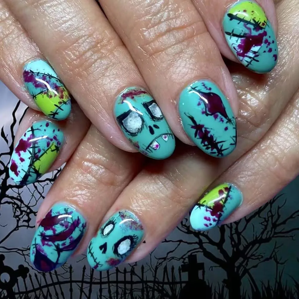 Halloween Press on Nails Short Oval Fake Nails with Light Green Ghost Face Gore Glossy Design, Artificial False Nails Press Ons Glue on Nails For Women