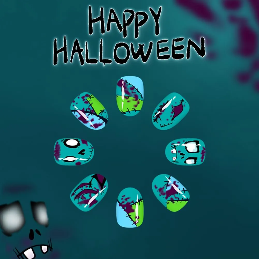 Halloween Press on Nails Short Oval Fake Nails with Light Green Ghost Face Gore Glossy Design, Artificial False Nails Press Ons Glue on Nails For Women