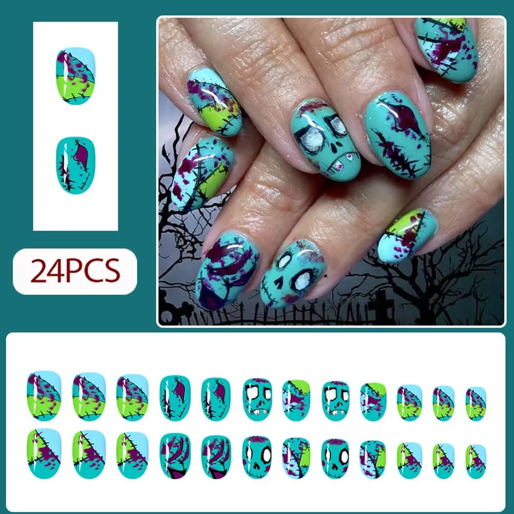 Halloween Press on Nails Short Oval Fake Nails with Light Green Ghost Face Gore Glossy Design, Artificial False Nails Press Ons Glue on Nails For Women