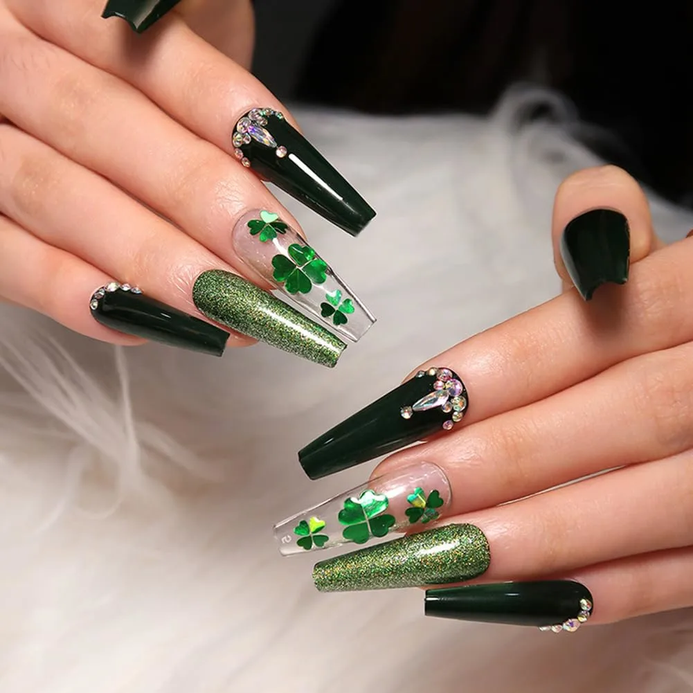 St Patricks Day Nails Press Ons Black Press On Nails Long Coffin Fake Nail with Green Four Leaf Clover & Diamond Glitter Design, Acrylic Artificial Stick On Nail for Women 24Pcs