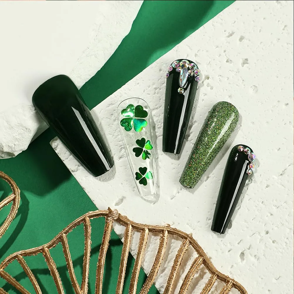 St Patricks Day Nails Press Ons Black Press On Nails Long Coffin Fake Nail with Green Four Leaf Clover & Diamond Glitter Design, Acrylic Artificial Stick On Nail for Women 24Pcs