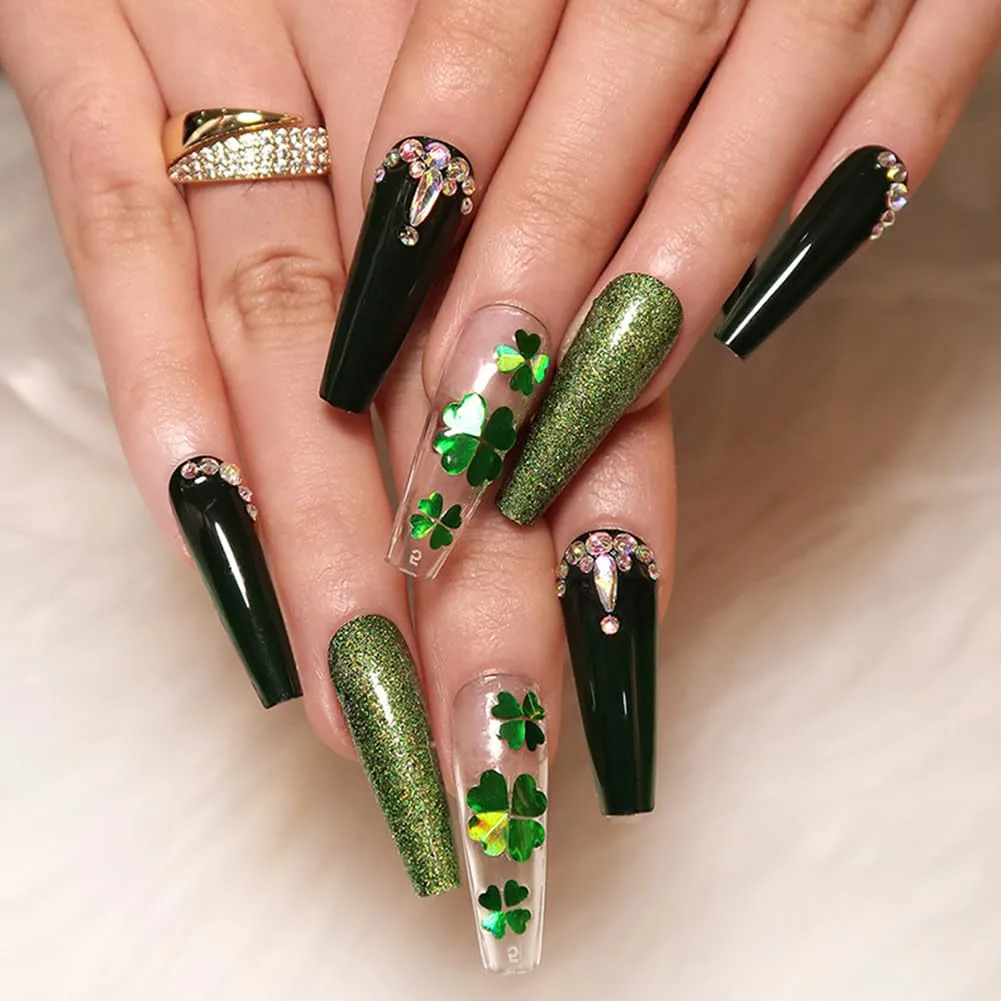 St Patricks Day Nails Press Ons Black Press On Nails Long Coffin Fake Nail with Green Four Leaf Clover & Diamond Glitter Design, Acrylic Artificial Stick On Nail for Women 24Pcs