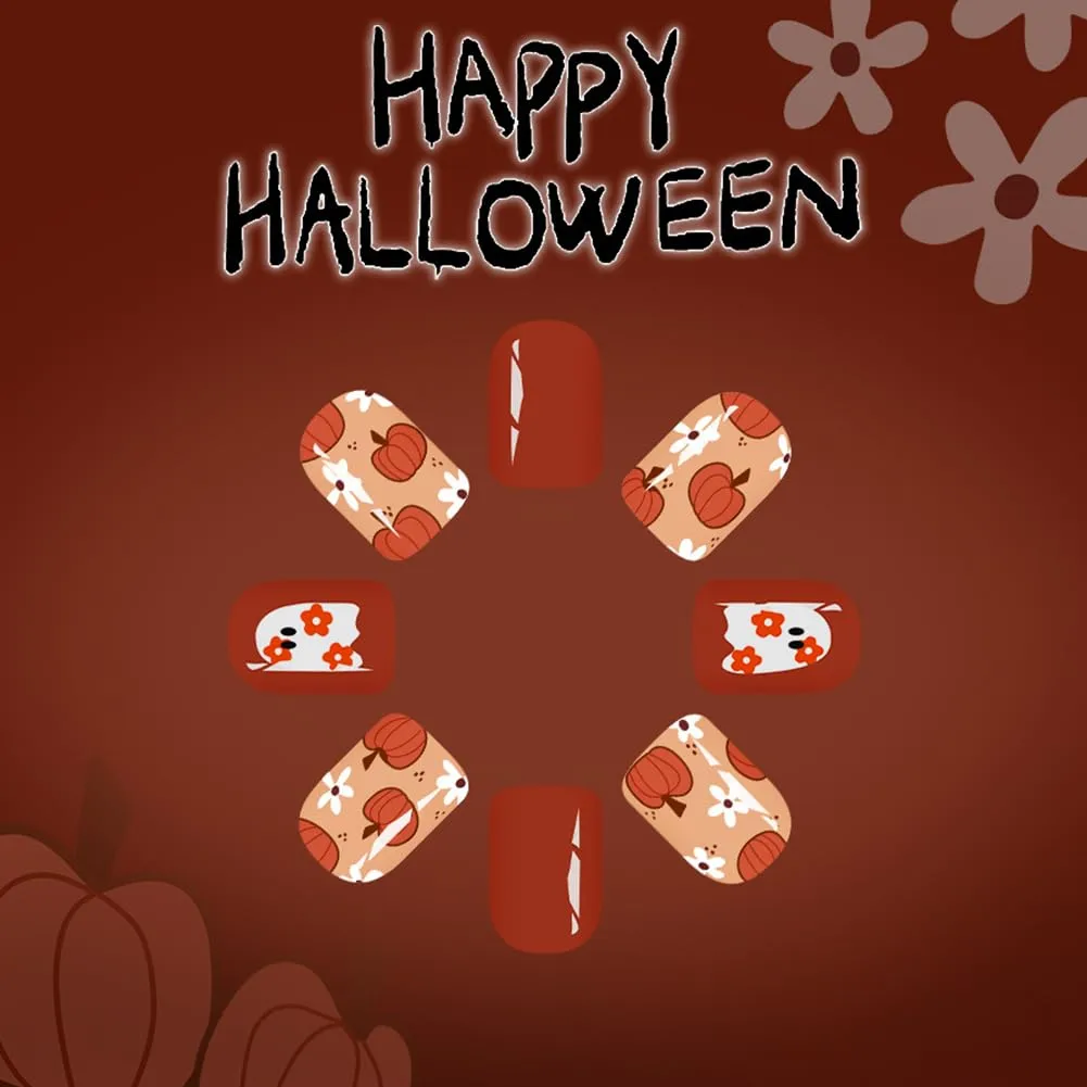 Halloween Press on Nails Short Square Fall Fake Nails with Orange Pumpkin Cute Ghost Flowers Glossy Design, Artificial False Nails Press Ons Glue on Nails For Women