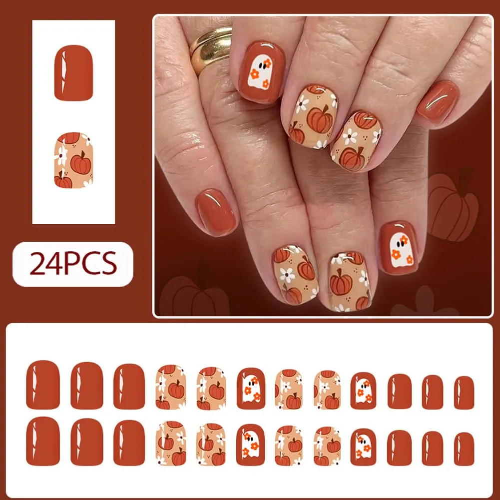 Halloween Press on Nails Short Square Fall Fake Nails with Orange Pumpkin Cute Ghost Flowers Glossy Design, Artificial False Nails Press Ons Glue on Nails For Women