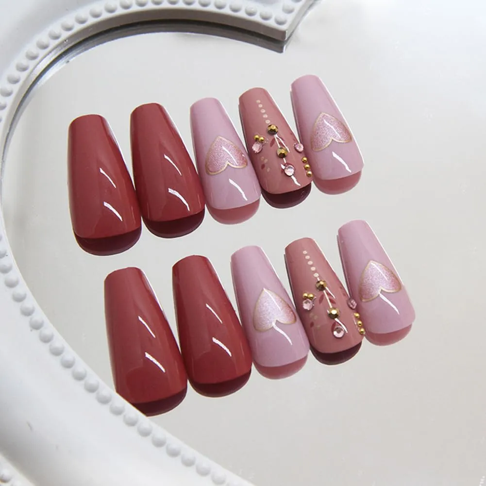 Valentines Press On Nails Medium Square - Valentines Nails Press Ons Cute Girls Fake Nails with Heart&Diamond Glossy Simple Design, Acrylic Artificial Stick On Nails for Women