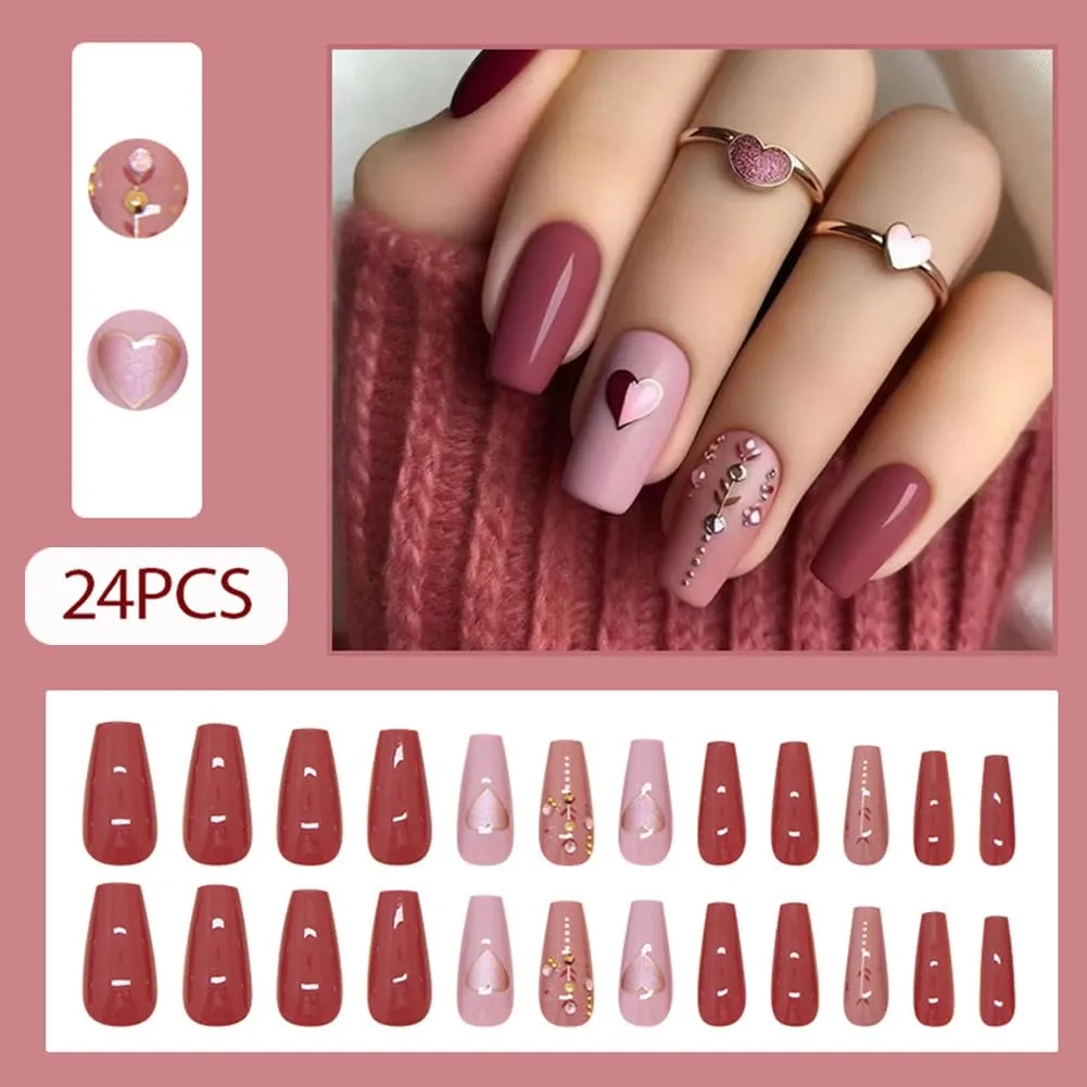 Valentines Press On Nails Medium Square - Valentines Nails Press Ons Cute Girls Fake Nails with Heart&Diamond Glossy Simple Design, Acrylic Artificial Stick On Nails for Women
