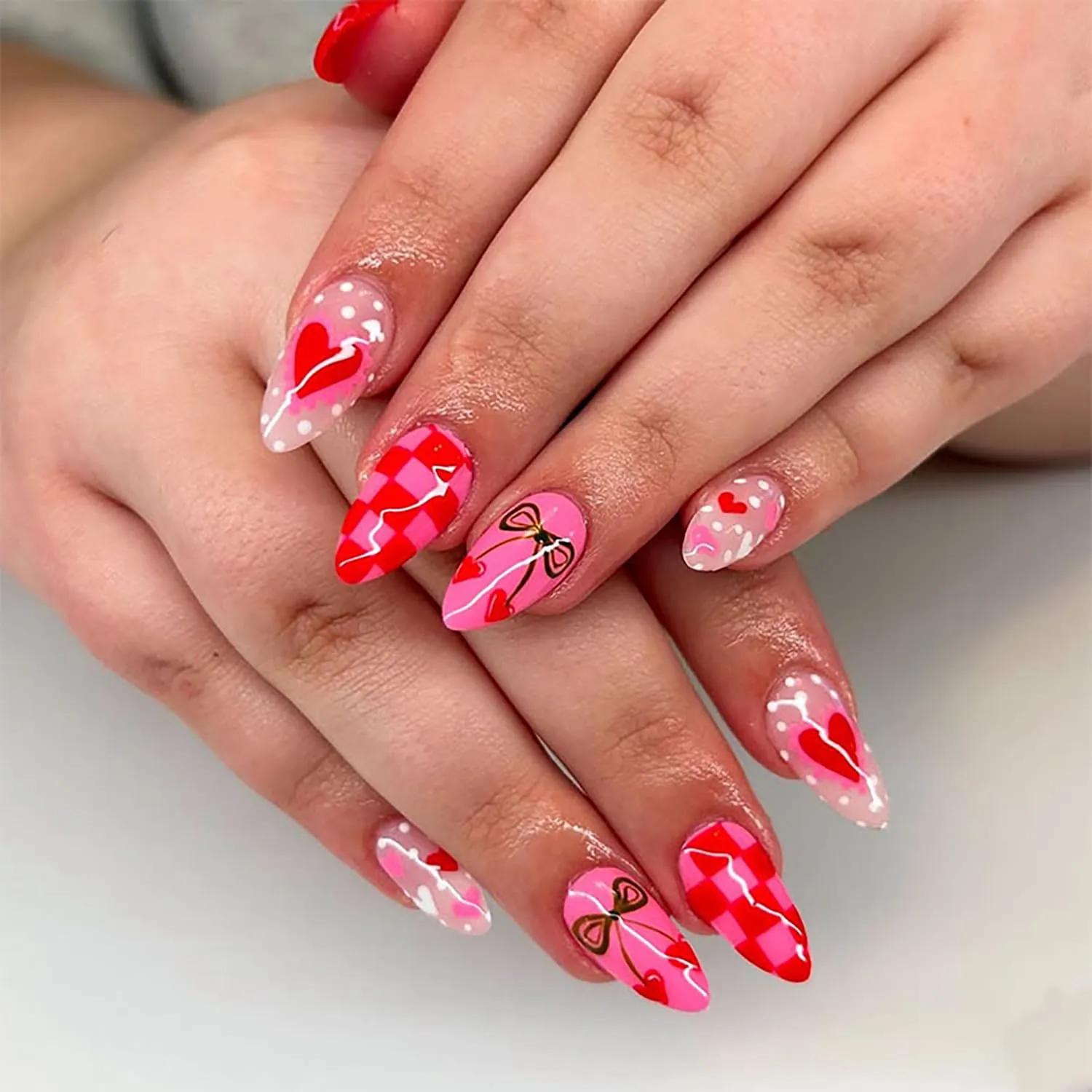 24Pcs Polka Dots Heart Press on Nails Medium Almond Fake Nails Pink Valentines Acrylic Nails Cute Cherry Bow False Nail Valentine Hearts Full Cover Stick on Nail Holiday Artificial Nail for Women