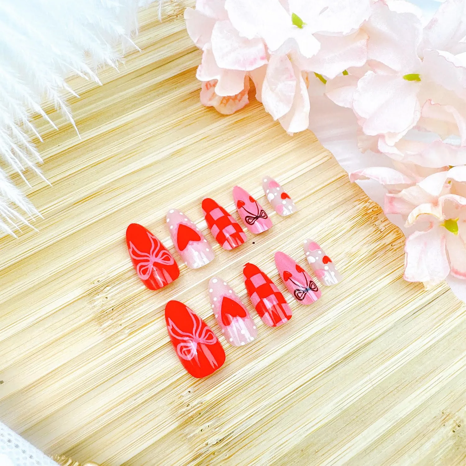 24Pcs Polka Dots Heart Press on Nails Medium Almond Fake Nails Pink Valentines Acrylic Nails Cute Cherry Bow False Nail Valentine Hearts Full Cover Stick on Nail Holiday Artificial Nail for Women