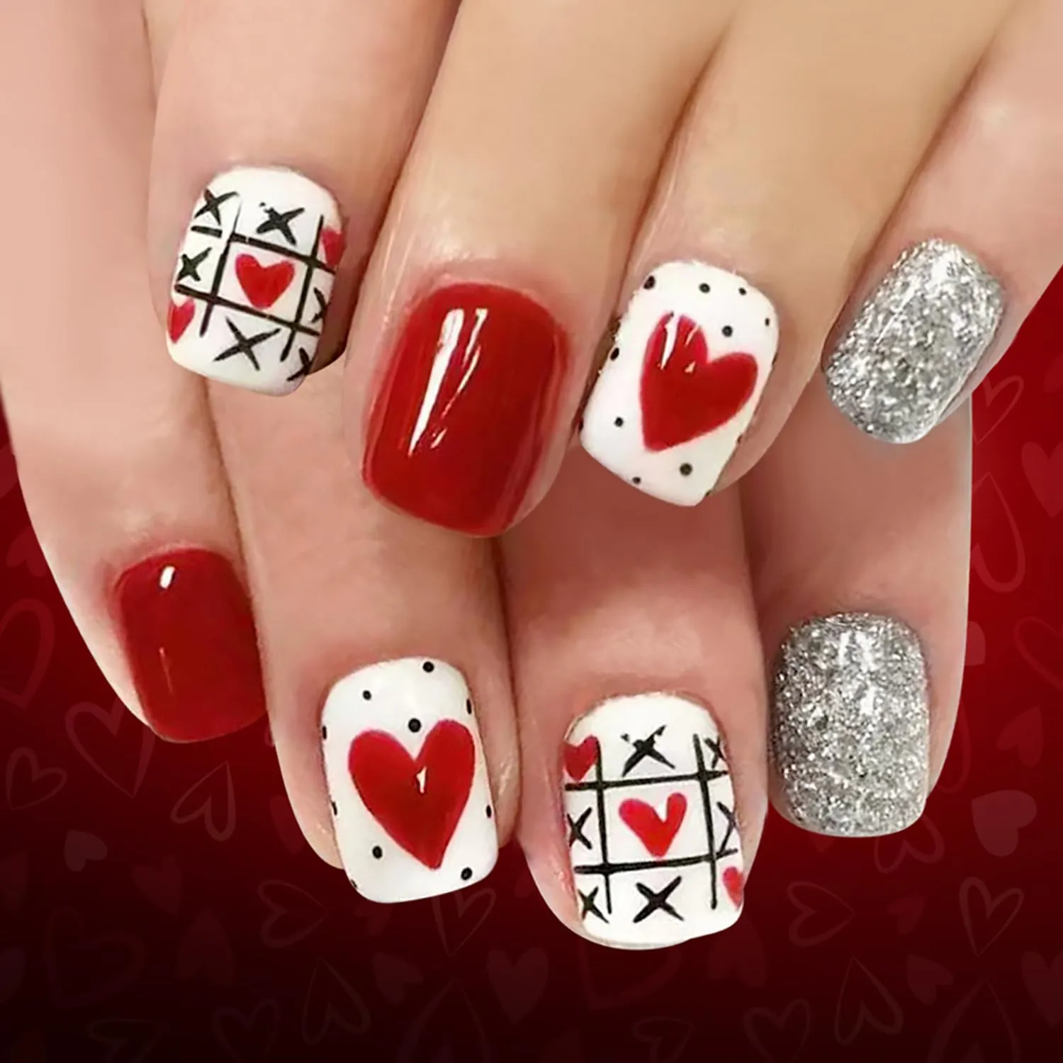 24Pcs Valentines Press on Nails Short Square Fake Nails with Silver Glitter Designs Romantic Heart Acrylic Nails Valentine False Nail Kit Red Glossy Full Cover Stick on Nails for Women Nail Supplies