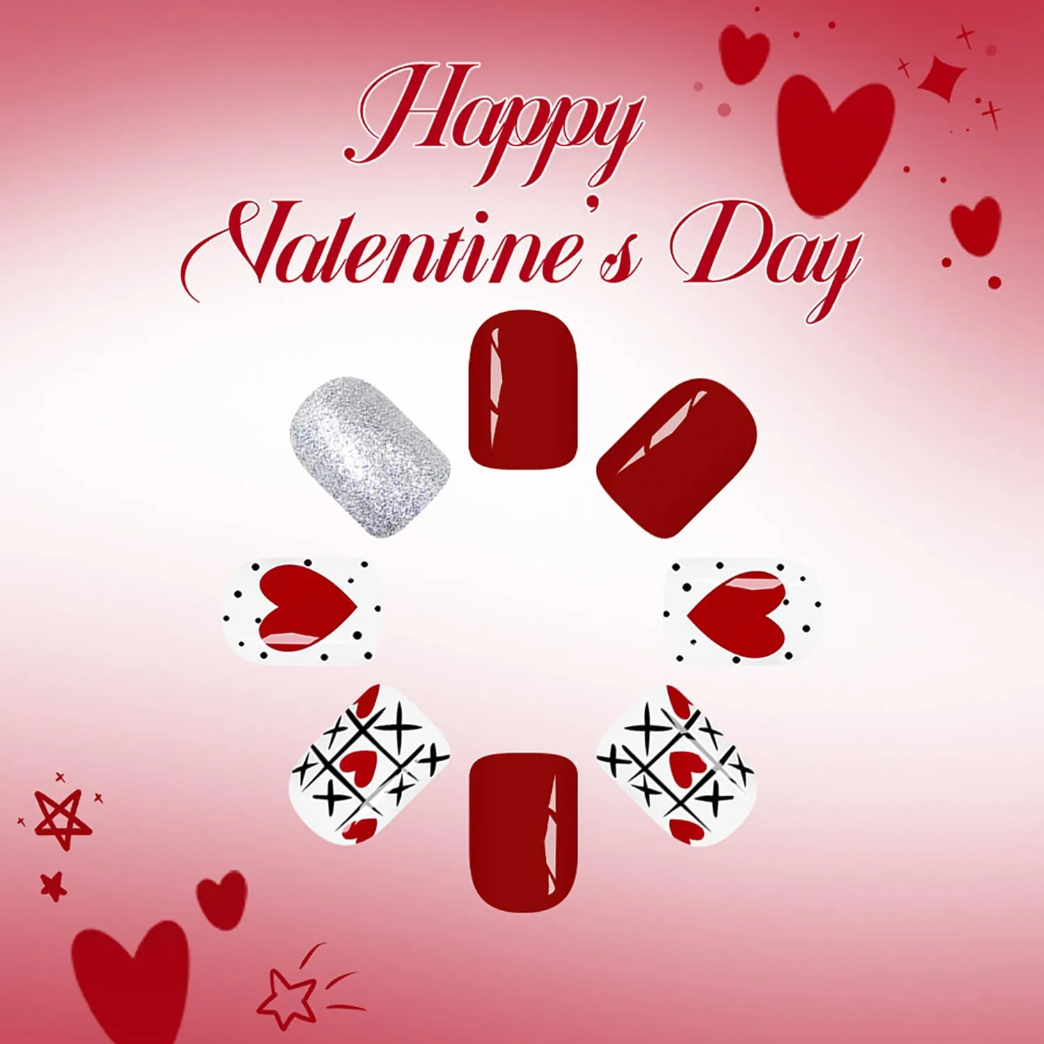 24Pcs Valentines Press on Nails Short Square Fake Nails with Silver Glitter Designs Romantic Heart Acrylic Nails Valentine False Nail Kit Red Glossy Full Cover Stick on Nails for Women Nail Supplies