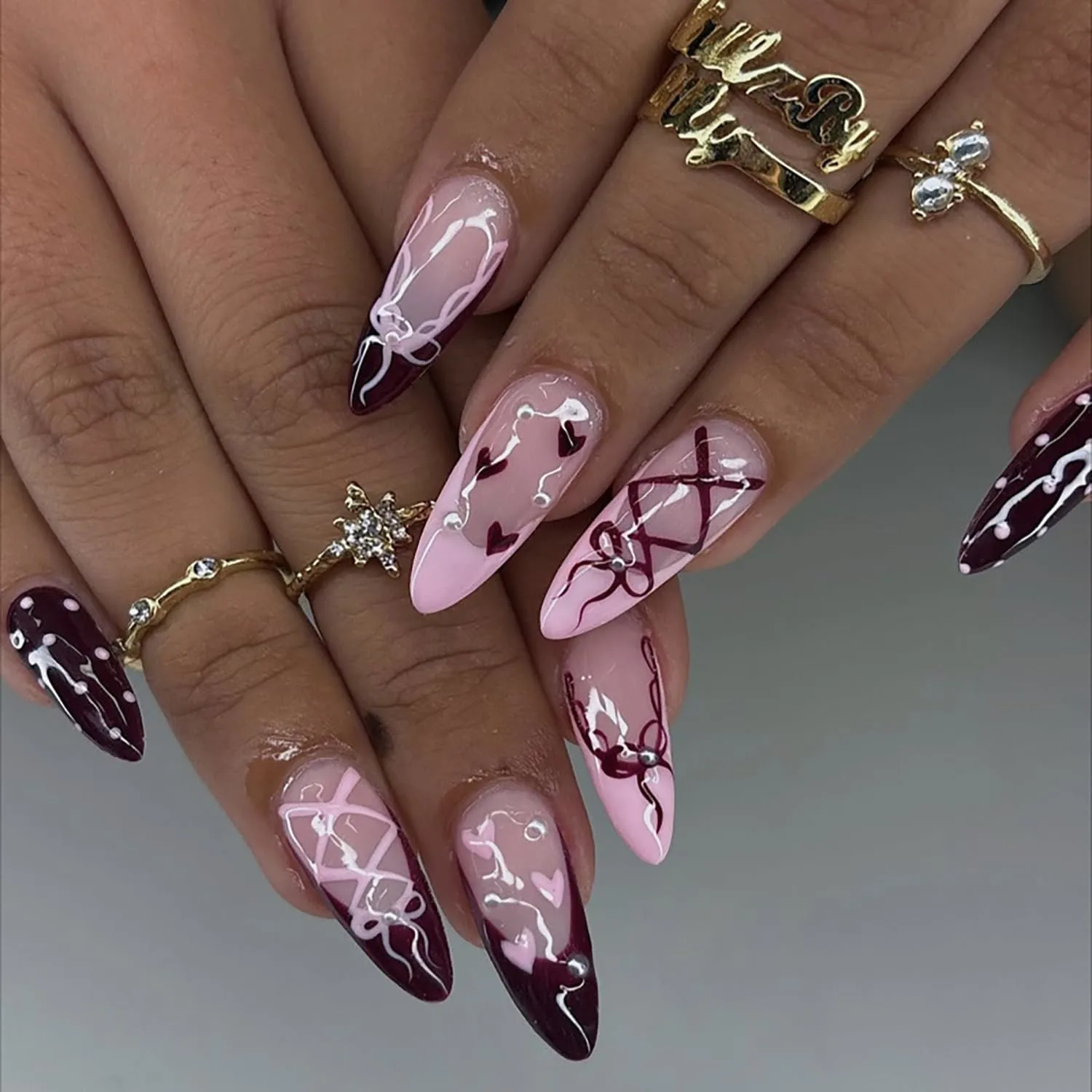 24Pcs Pink Press on Nails Medium Almond Fake Nails with Pearl Cute Bow French Tip Acrylic Nail Valentine Heart False Nails Romantic Polka Dots Valentines Full Cover Glue on Nails for Women Nail Design