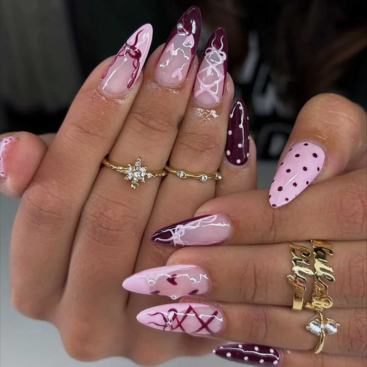 24Pcs Pink Press on Nails Medium Almond Fake Nails with Pearl Cute Bow French Tip Acrylic Nail Valentine Heart False Nails Romantic Polka Dots Valentines Full Cover Glue on Nails for Women Nail Design